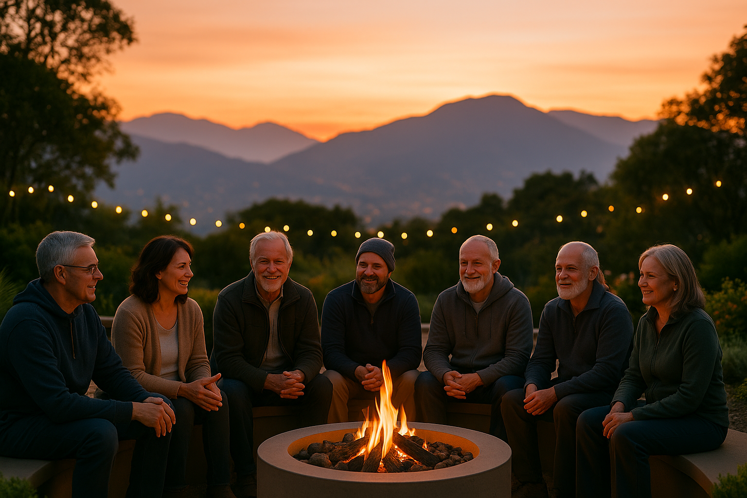 Evening firepit circle with mountains